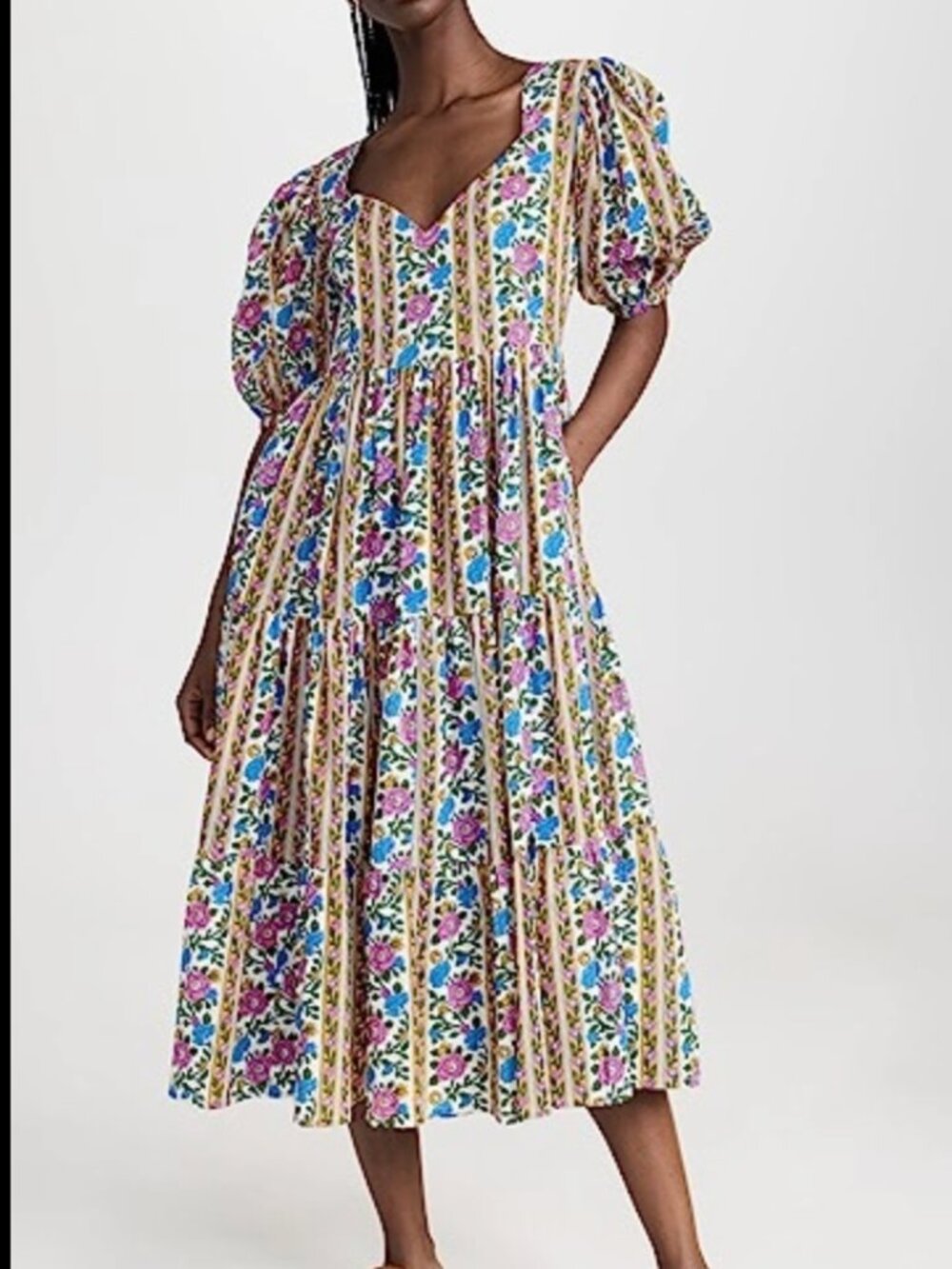 NWT Sz L Mille Maja Dress Floral Puff Sleeve Smocked Tiered Maxi Pink Blue Yello